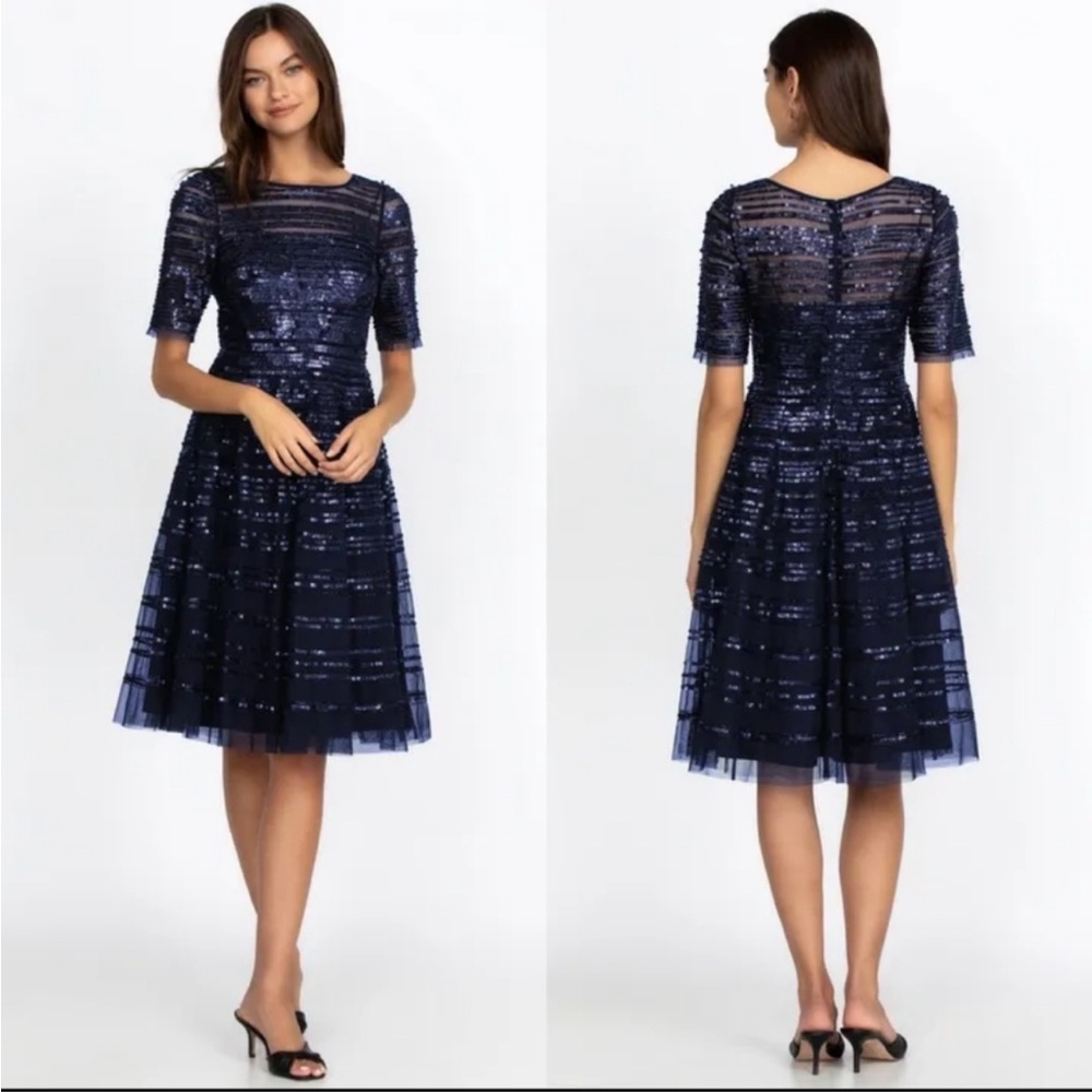 Johnny Was Navy Beaded Mesh Dress Size 6 Navy Midnight Blue Sequin Midi Event